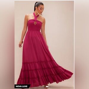 Fashion Nova Strapless Crisscross Maxi Dress in Berry
